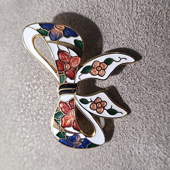 Vintage 1980's Gold Tone Cloisonne Bow Brooch Floral Enamel - Picture 11 of 11